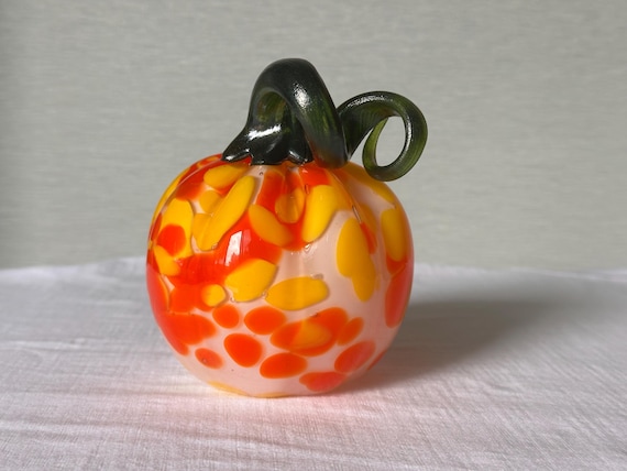 Hand Blown Glass Pumpkin, Orange & Yellow Autumn Pumpkin, Handmade Fall Decor, Art Glass Pumpkin Sculpture, Unique Harve