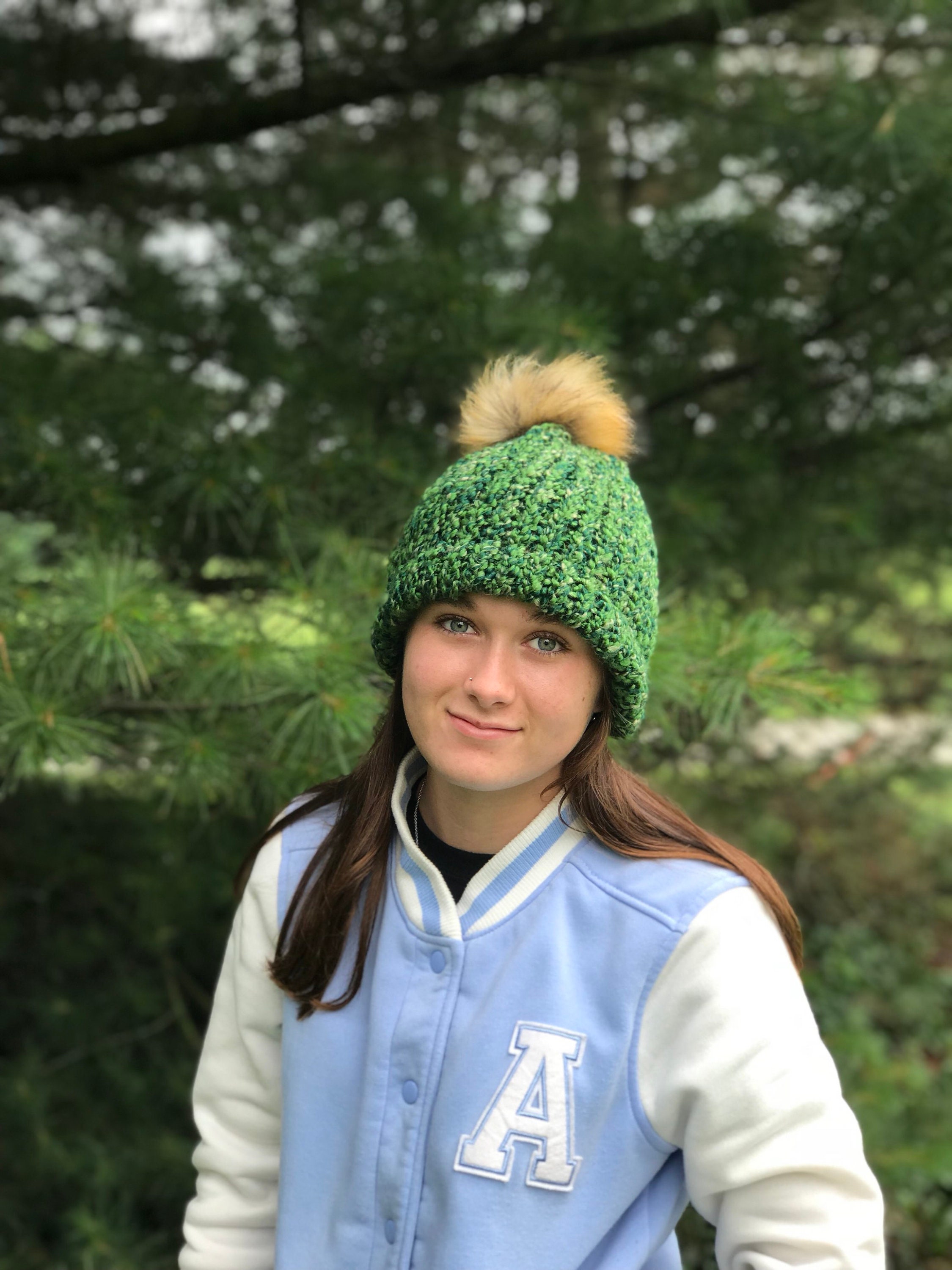 Forest Green Pom Pom Winter Hat Knit Hat Beanie Winter | Etsy