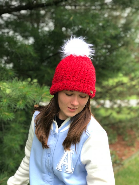 Red Pom Pom Knit Hat Knitted Hat Womens Hat Teen Hat Etsy