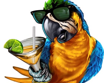 Drinking parrot decal, full color parrot with sunglasses holding a drink decal, full color drinking parrot decal, fun alcohol decal, fun