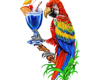 Drinking Parrot decal, Parrot decal, drinking parrot sticker, full color parrot, 5 o'clock somewhere,  island parrot, outdoor bar decal