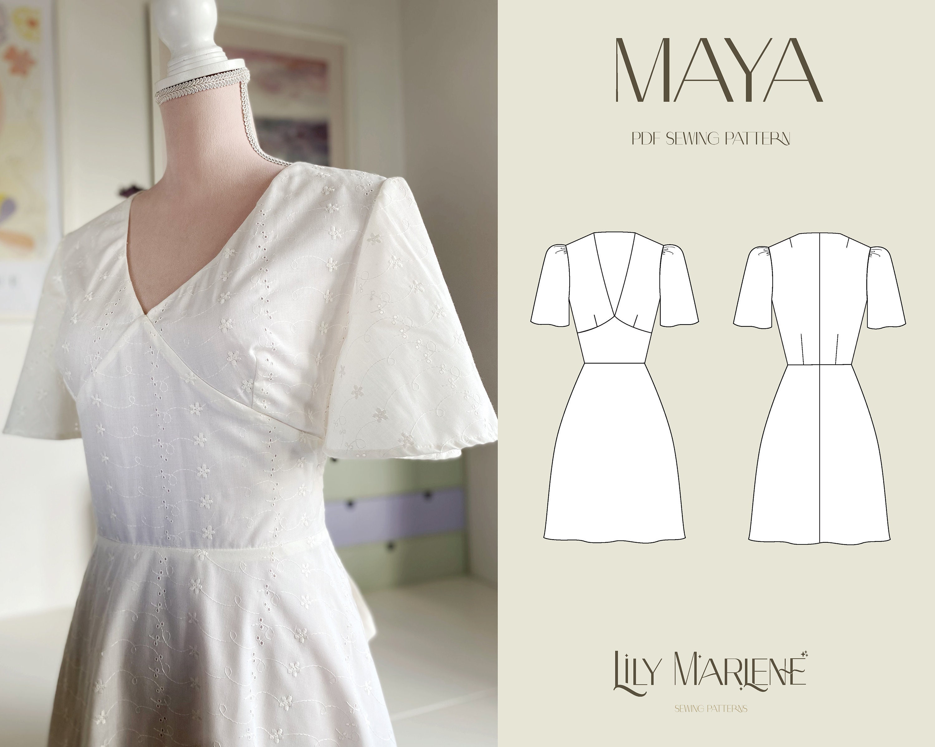 Maya Bell Sleeve Dress PDF Sewing Pattern Size 4-24 UK 