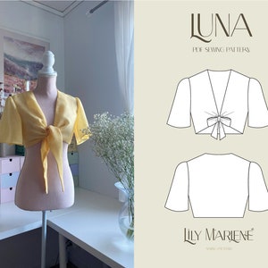 May include: A yellow crop top with a tie front and short sleeves. The top is on a white mannequin. The text "LUNA PDF SEWING PATTERN" and "LILY MARIENE SEWING PATTERNS" is visible in the image.
