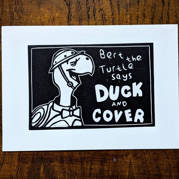 Duck and Cover Turtle Linocut Print