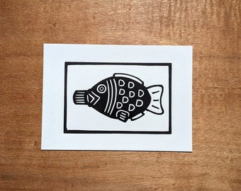 Impressão em linóleo de peixe de soja