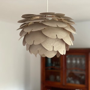 Wood pendant light. Light brown colour. Old wooden cupboard in the background.On the left part of the door to the room is seen