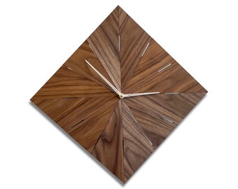 Diamond shaped clock, wooden wall clock mid century minimalist style, american walnut modern clock, 16.7 inch clock