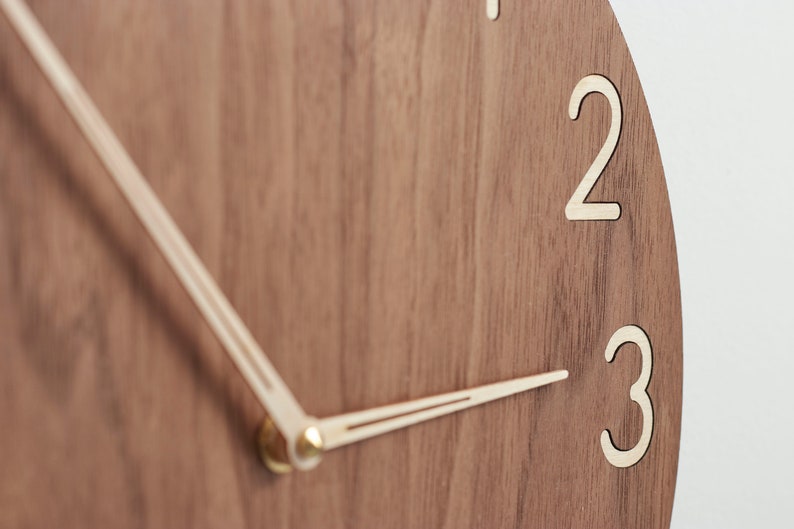 Modern wood wall clock contemporary wooden clock american walnut clock face, large birch numerals minimalist style modern clock image 6