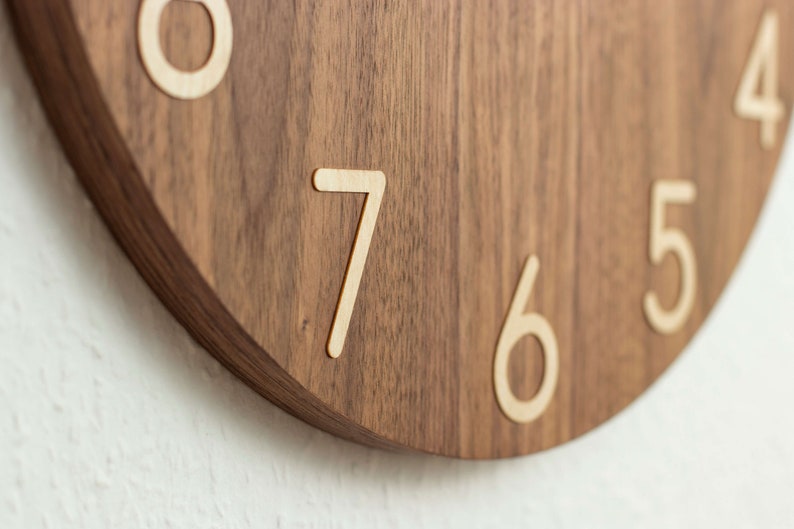 Mid century modern wall clock, large numerals 16 inch large wooden wall clock face, american walnut wood clock for wall image 5