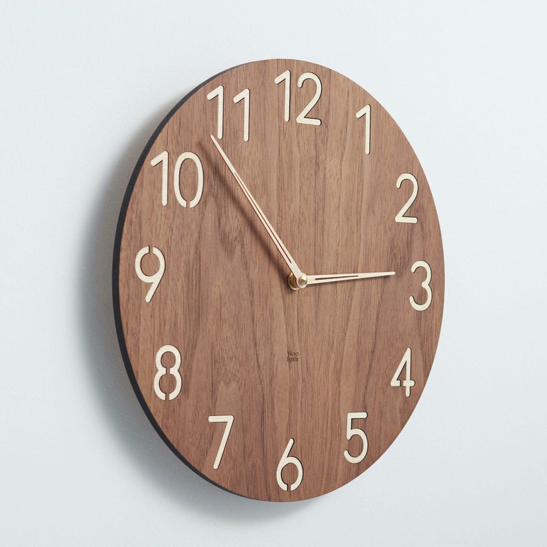 Modern wood wall clock contemporary wooden clock american walnut clock face, large birch numerals minimalist style modern clock image 2