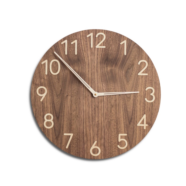 Mid century modern wall clock, large numerals 16 inch large wooden wall clock face, american walnut wood clock for wall image 1