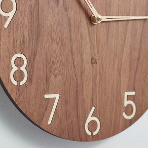Modern wood wall clock contemporary wooden clock american walnut clock face, large birch numerals minimalist style modern clock image 4
