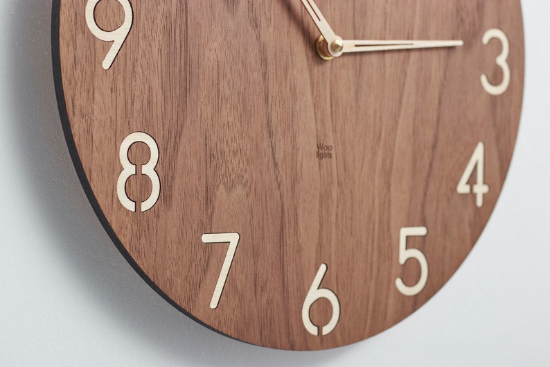 Modern wood wall clock contemporary wooden clock american walnut clock face, large birch numerals minimalist style modern clock image 4