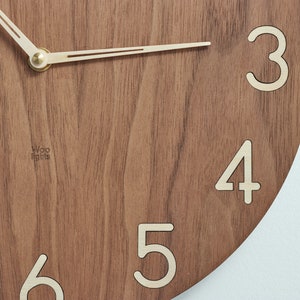 Modern wood wall clock contemporary wooden clock american walnut clock face, large birch numerals minimalist style modern clock image 5