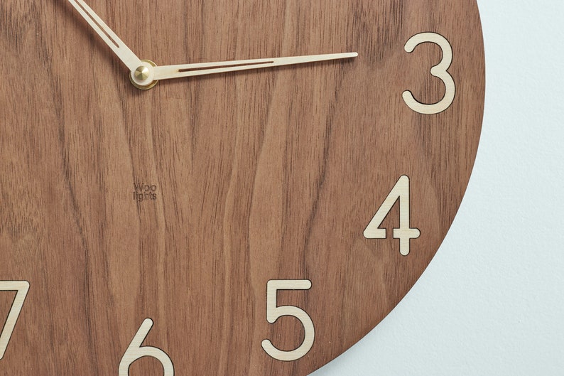 Modern wood wall clock contemporary wooden clock american walnut clock face, large birch numerals minimalist style modern clock image 5