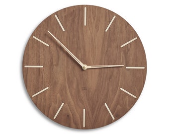 Orologio da parete in legno in stile metà secolo / orologio moderno silenzioso • quadrante in legno di noce americano • bellissimo orologio da parete in legno mcm