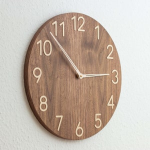 Mid century modern wall clock, large numerals 16 inch large wooden wall clock face, american walnut wood clock for wall image 2