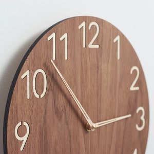 Modern wood wall clock contemporary wooden clock american walnut clock face, large birch numerals minimalist style modern clock image 3