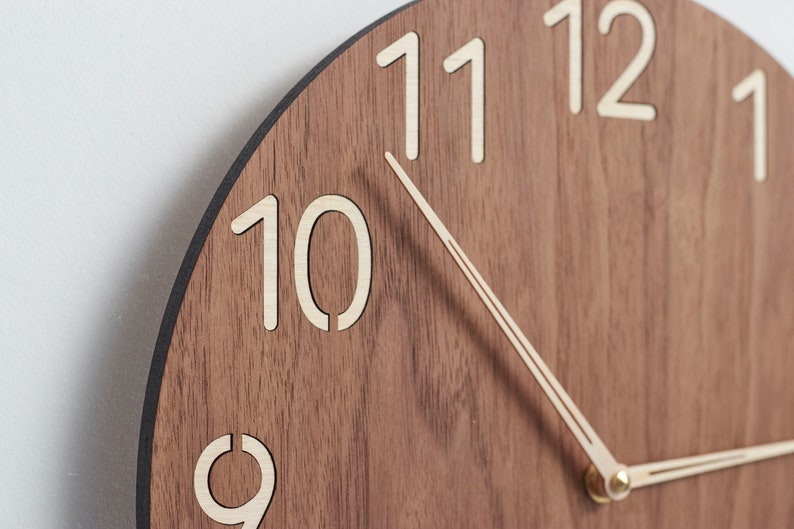 Modern wood wall clock contemporary wooden clock american walnut clock face, large birch numerals minimalist style modern clock image 7
