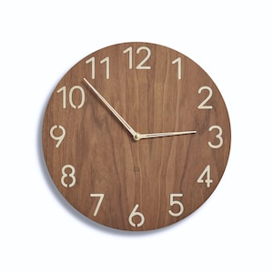 Modern wood wall clock contemporary wooden clock american walnut clock face, large birch numerals minimalist style modern clock image 1