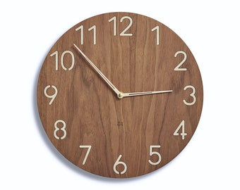 Modern wood wall clock | contemporary wooden clock | american walnut clock face, large birch numerals - minimalist style modern clock