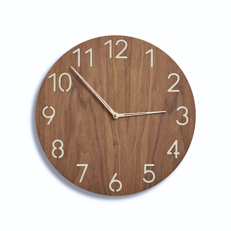 Modern wood wall clock contemporary wooden clock american walnut clock face, large birch numerals minimalist style modern clock image 1