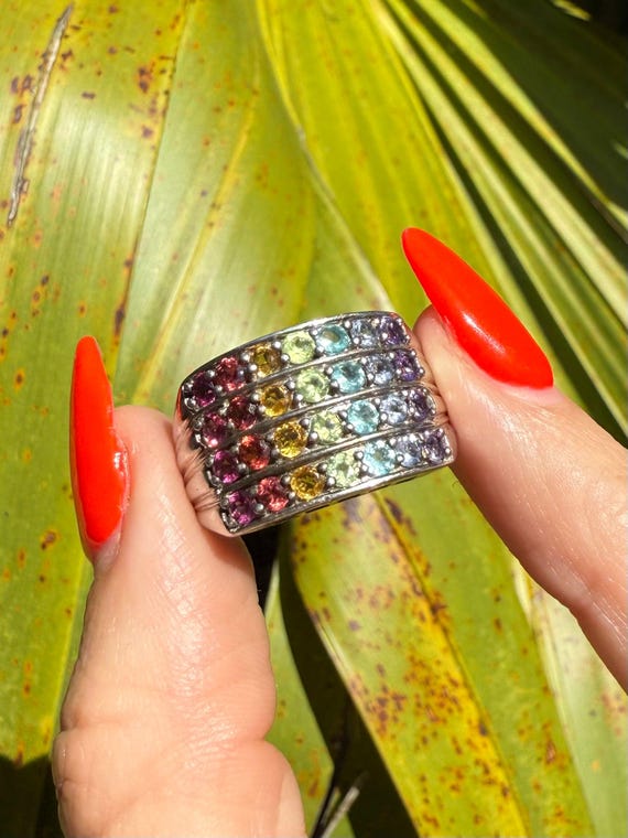 Rainbow Multistone Sterling Silver Ring Size 8.5,… - image 1