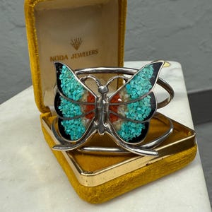 Vintage Butterfly Turquoise & Coral Inlay Sterling Silver  display picture 1