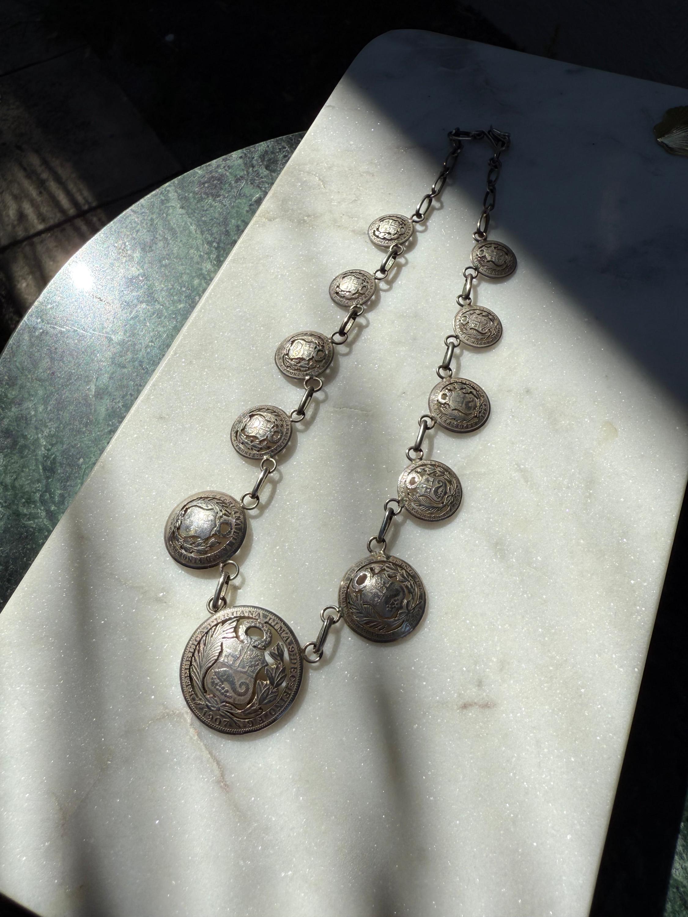 Sterling Silver 1864-1913 Peruvian Coin Necklace 17”, Vintage