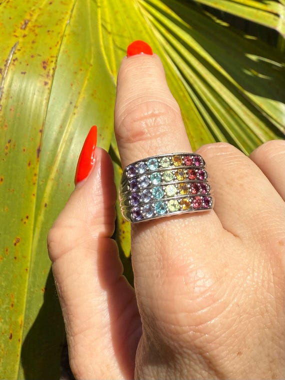 Rainbow Multistone Sterling Silver Ring Size 8.5,… - image 2