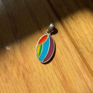 Op de afbeelding: Zilveren hanger met een ovale vorm en een kleurrijk regenboogontwerp. De hanger heeft secties in rood, oranje, geel, groen, blauw en paars. De hanger ligt op een houten oppervlak.