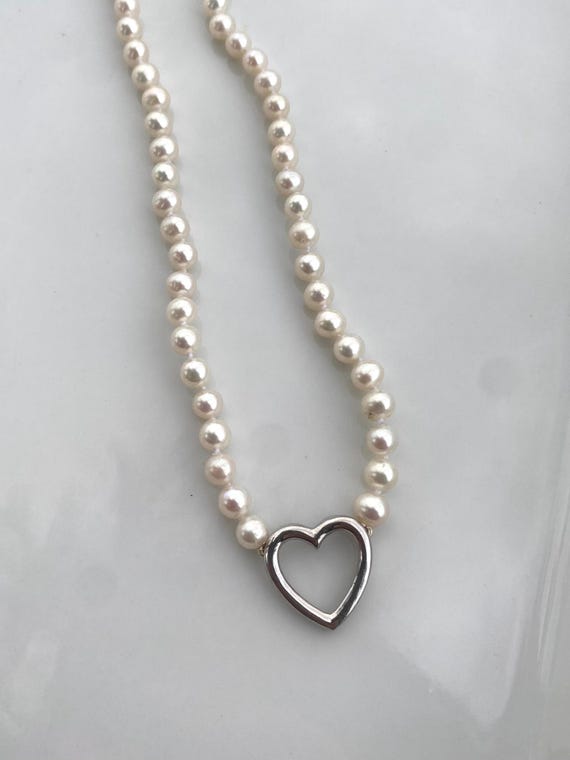 Pearl Sterling Silver Heart Necklace, Vintage Pearl Necklace, .925 Sterling Silver, Feminine Necklace, Girly