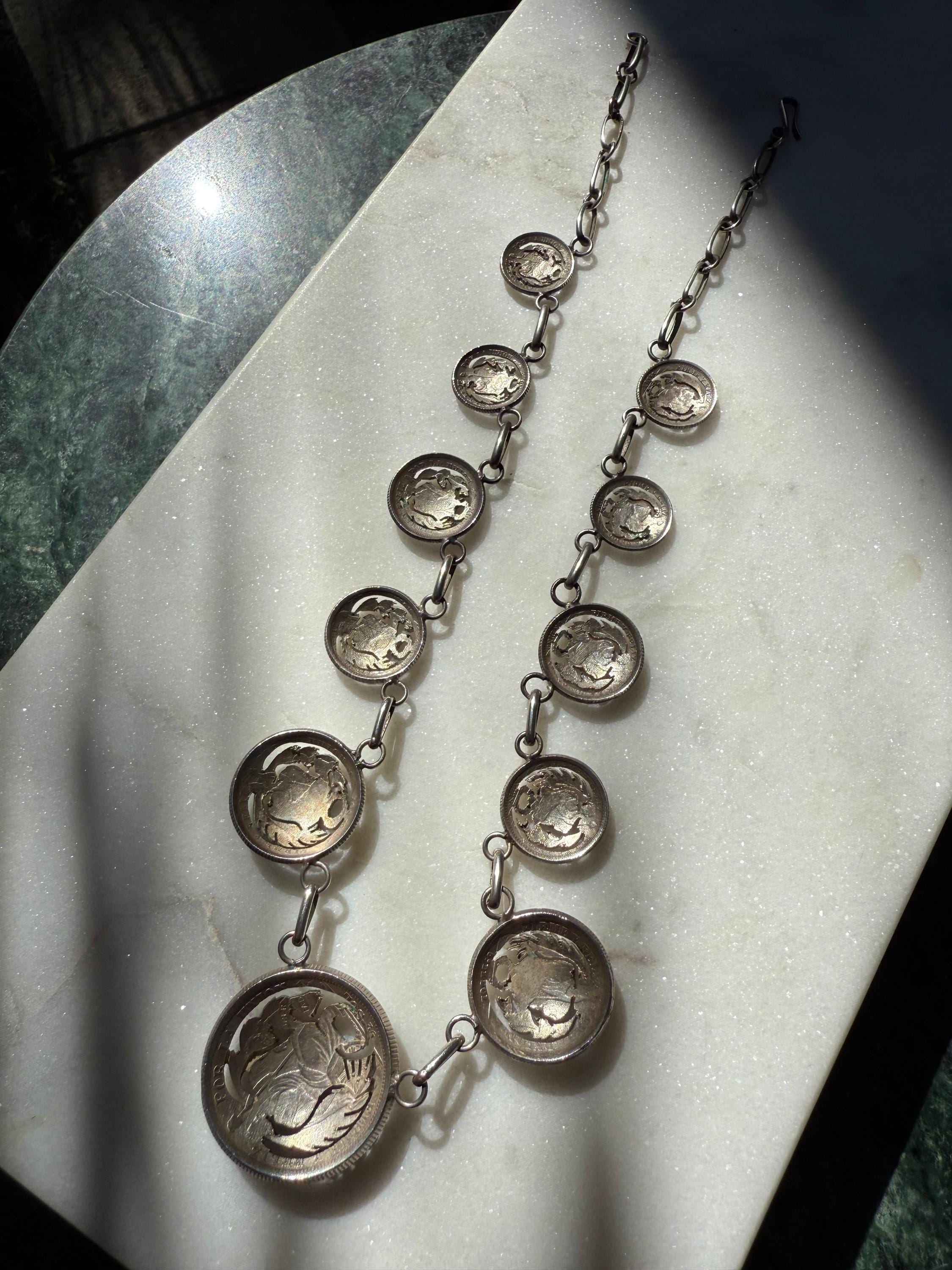 Sterling Silver 1864-1913 Peruvian Coin Necklace 17”, Vintage
