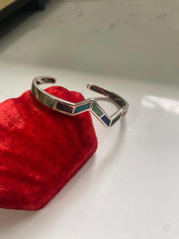 Chevron Multistone Inlay Solid Sterling Silver Cu… - image 7