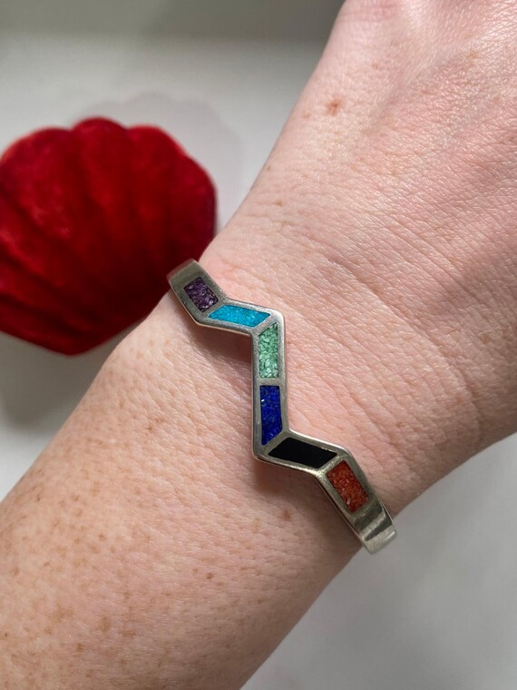 Chevron Multistone Inlay Solid Sterling Silver Cu… - image 3