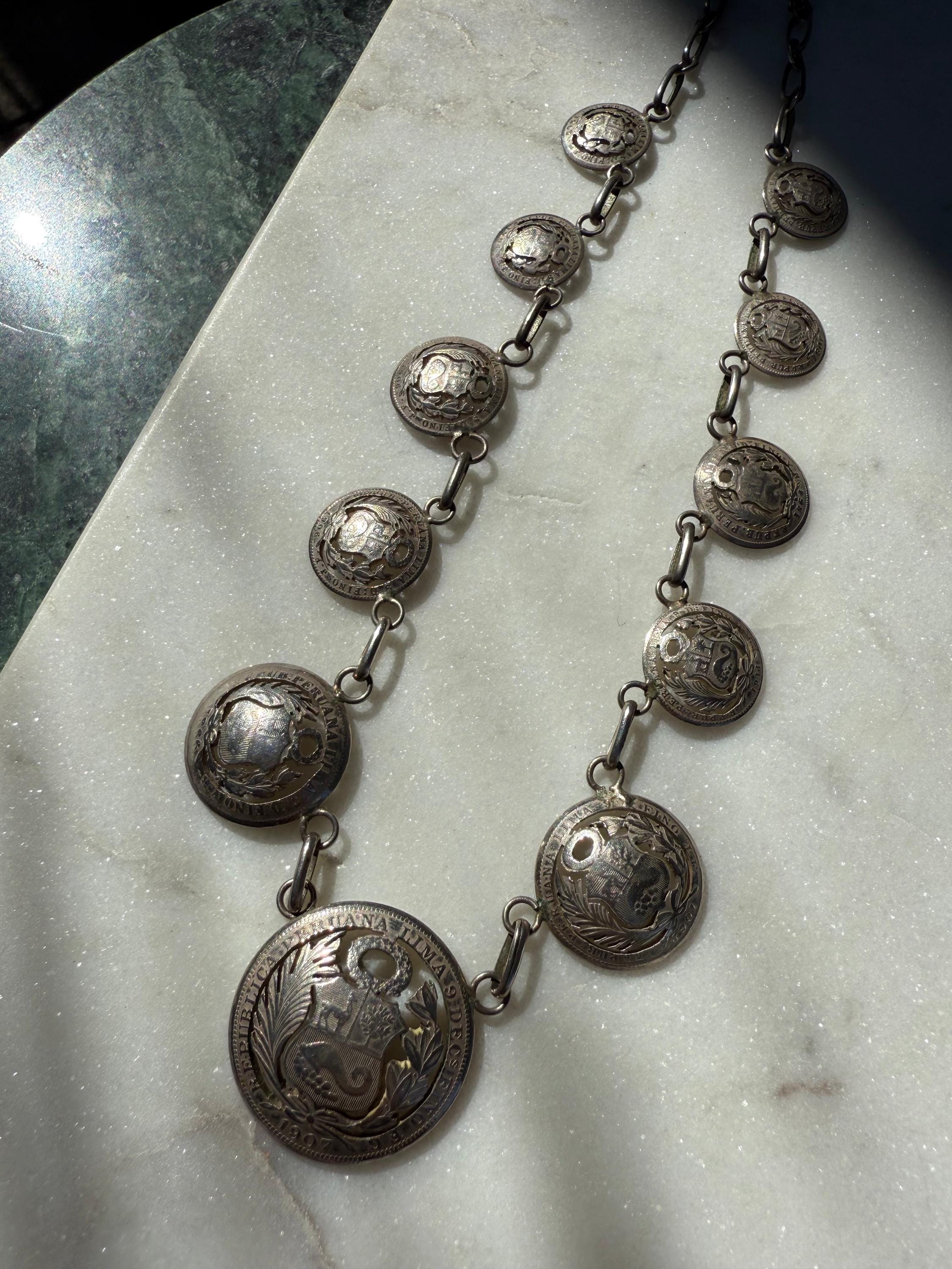 Etoile Coin Necklace（Silver）【Silver925】 Sterling Silver 1864-1913 Peruvian Coin Necklace 17”, Vintage
