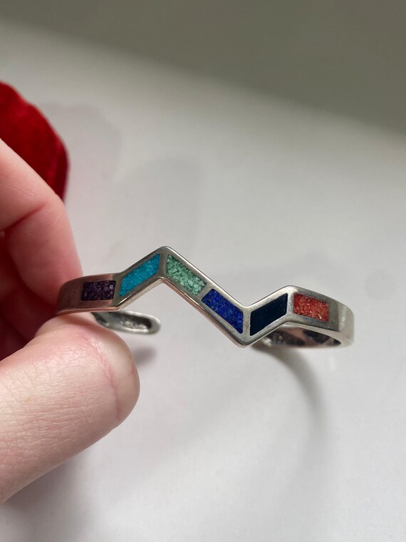 Chevron Multistone Inlay Solid Sterling Silver Cu… - image 1