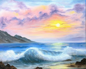 Sunset Ocean Wave Painting • Coastal Wall Art • 16x20 Original Oil Seascape