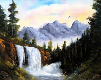 Waterfall Original Oil Painting: Mountain Forest Landscape Wall