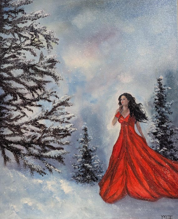 winter scene dress Oil Painting – Woman in Red Dress, Snowy Forest Scene, 16x20 Original Fine Art dress in black Juliet Dresses 297 - Color:Military Khaki a winter forest of