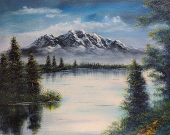 Mountain Lake Reflection – 16x20 Original Oil Painting, Peaceful Landscape Wall Art