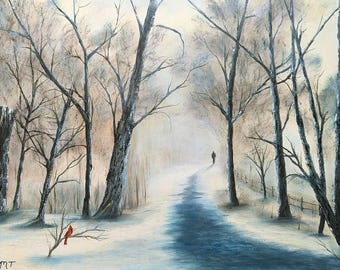 16x20 Winter Landscape Oil Painting, Snowy Path Wall Art, Cardinal Bird Painting, Cabin Decor, Original Nature Artwork