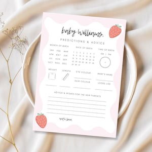 Modello Canva modificabile per previsioni e consigli sul bambino, tema fragola, baby shower Berry Sweet, gioco per baby shower con download immediato