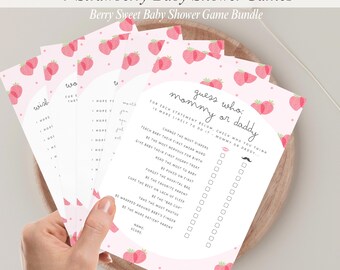 Bundel met afdrukbare spelletjes aardbei babyshower - 9 afdrukbare sjablonen, bewerkbaar in canva, direct downloaden, Berry Sweet babyshower-thema