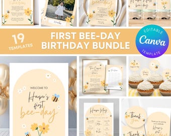 May include: A set of 19 printable templates for a first birthday party with a bee theme. The templates feature yellow and white flowers, bees, and the text "Harper's first bee-day". The templates are editable in Canva.