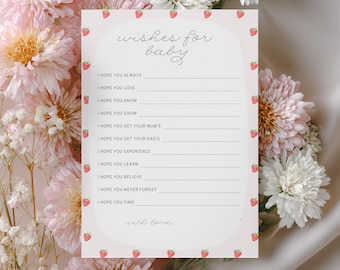 Wensen voor baby Afdrukbare babyshoweractiviteit, thema bessen zoete aardbei, bewerkbare canvassjabloon, Instant Download