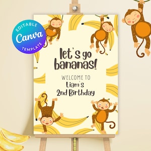 Editable “Let’s Go Bananas” Party Welcome Sign | Jungle Monkey Birthday | Canva Template | Instant Download