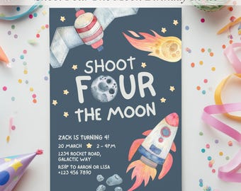 Verjaardagsuitnodiging ruimte: Shoot FOUR The Moon, bewerkbare canvassjabloon (digitale afdrukbare), verjaardagsfeestje Outer Space, Galaxy-thema