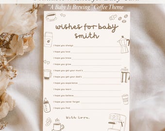 Een baby brouwt babywensen | Koffie babyshower activiteit afdrukbaar, café thema babyshowerspel, bewerkbare canvassjabloon A5