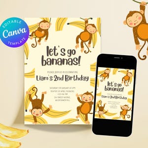 Editable “Let’s Go Bananas” Birthday Invitation | Jungle Monkey Theme | Canva Template | Instant Download